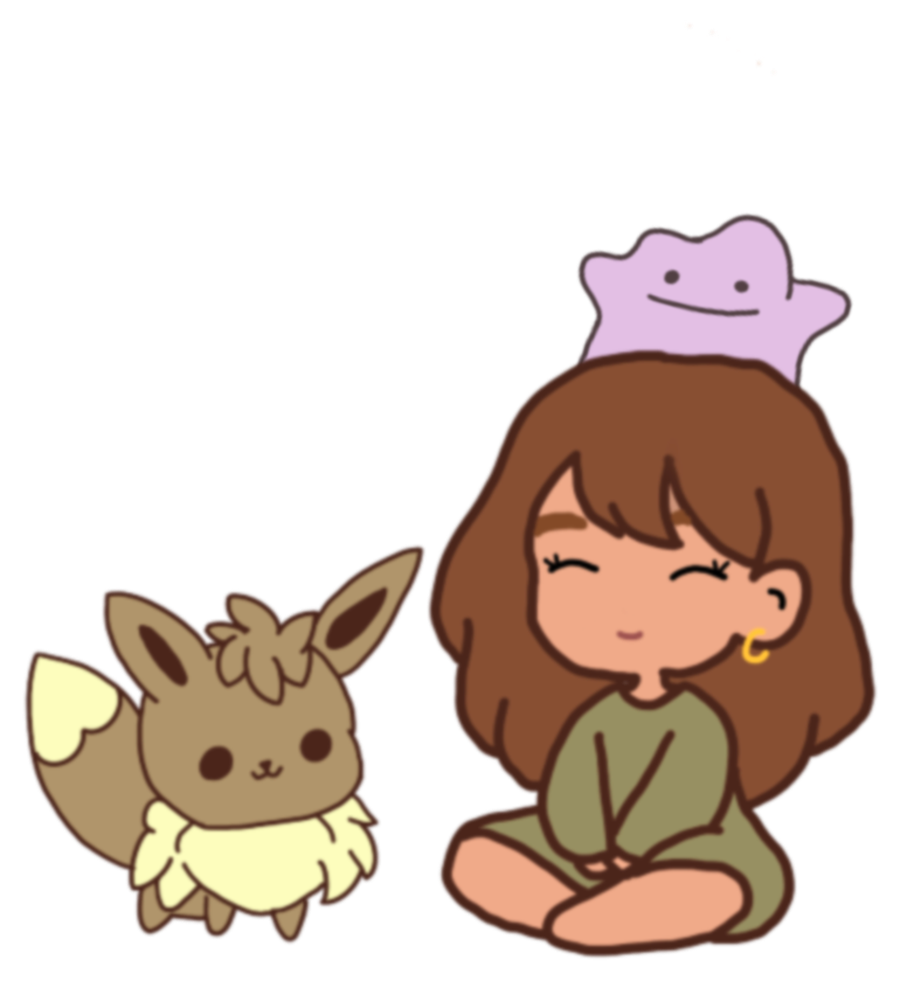 A cozy chibi drawing of Bry sitting beside her Eevee, with a Ditto resting on her head