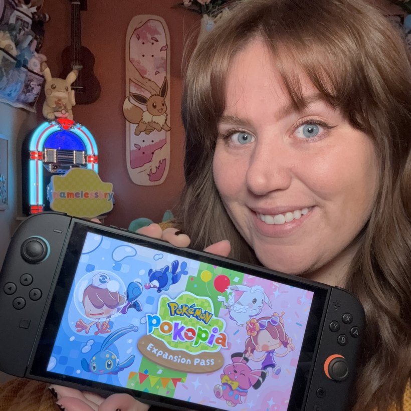 Bry holding a Nintendo Switch showing Pokémon Pokopia
