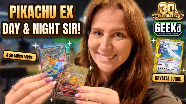 Bry holding a Pikachu ex card and a Crystal Lugia at GEEKd Trading Cards